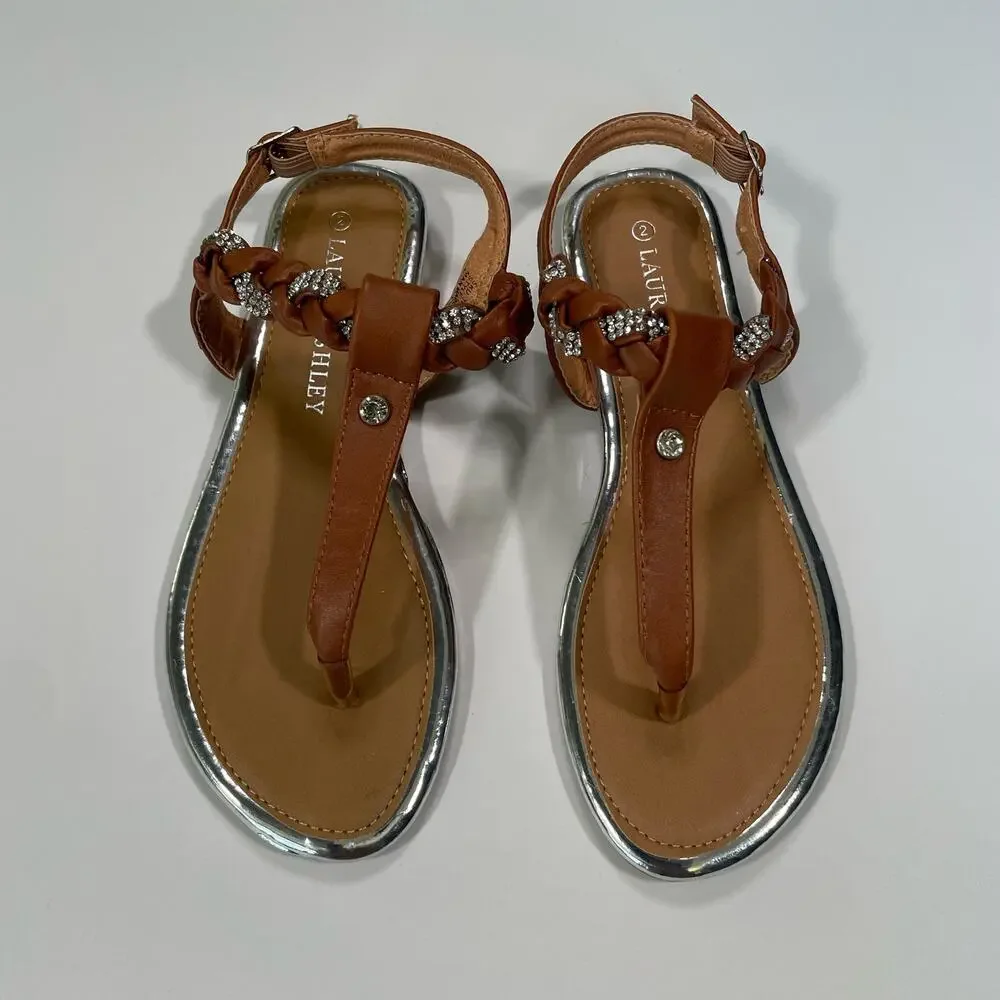 Laura Ashley Girls Size 2 Sandals Rhinestone Open Toe Casual Shoes Brown Silver